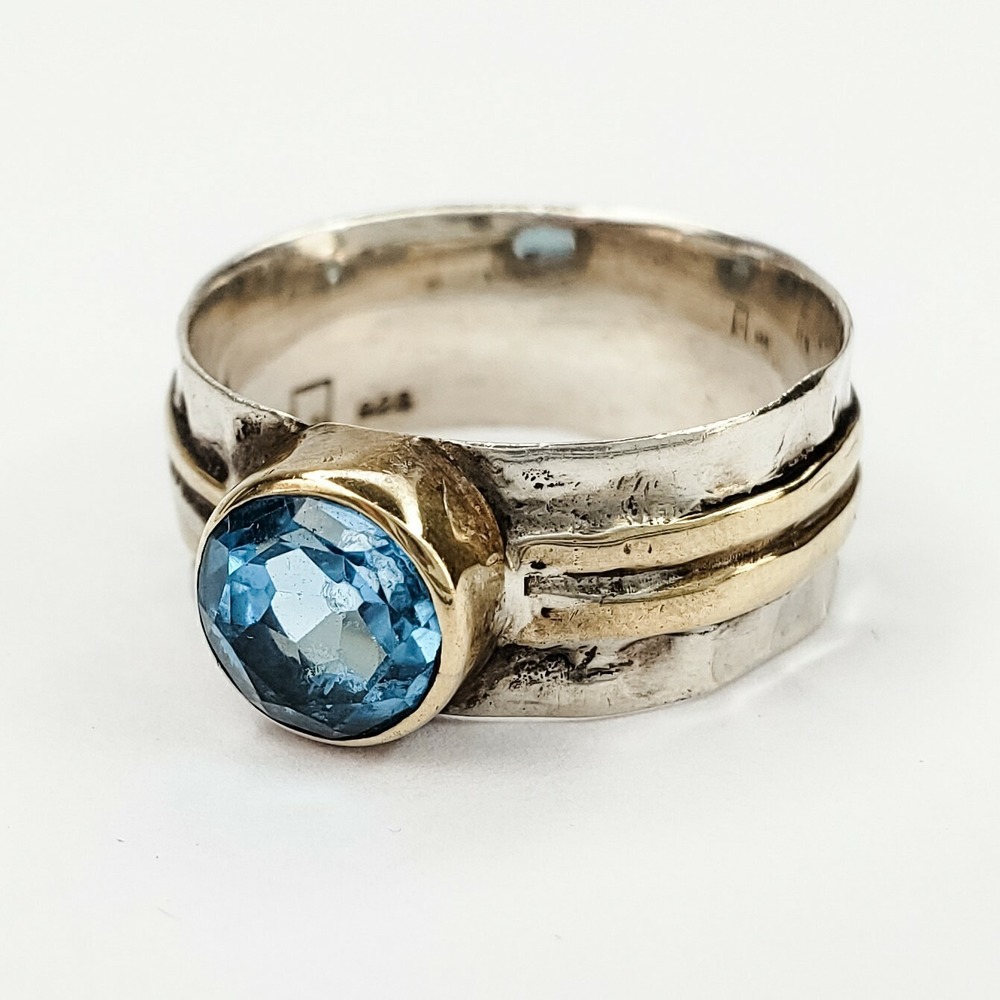 Vintage Blue Topaz Ring Sterling Silver Brass Size 7.25 Hammered Mixed Metal